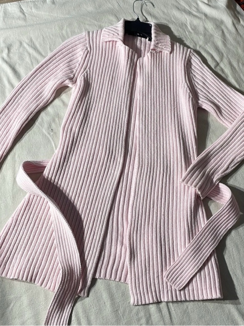 Express Pale Pink Ribbed Longline Cardigan with Tie
